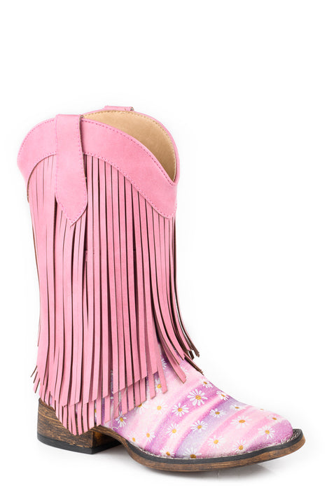 Roper Kids Girls Double Fringe Pink Aztec Faux Leather Cowboy Boots