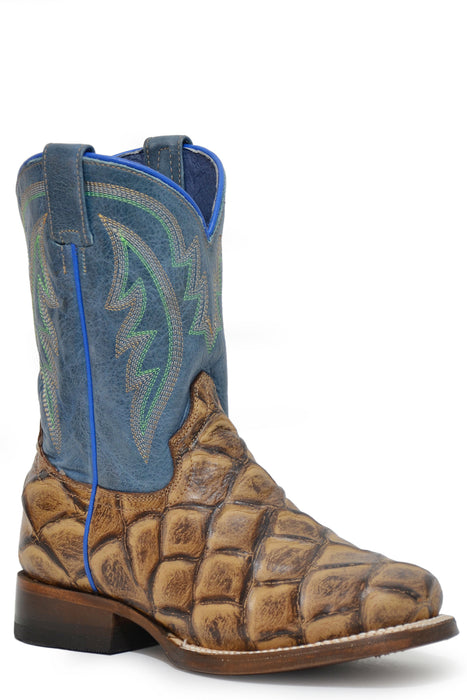 Roper Boys Kids Tan/Blue Leather Big Fish Pirarucu Cowboy Boots