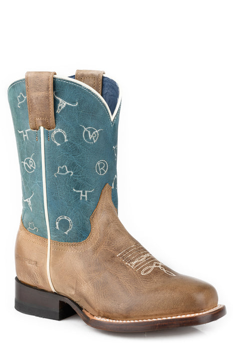 Roper Kids Boys Brands Tan/Blue Leather Cowboy Boots