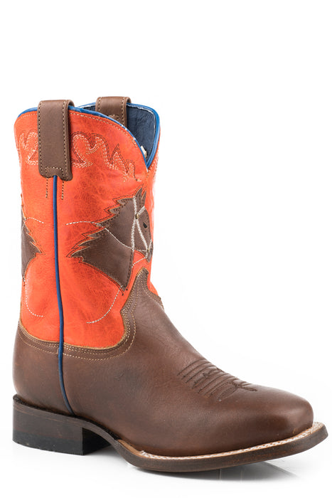 Roper Kids Boys Brown/Orange Leather Horsehead Cowboy Boots