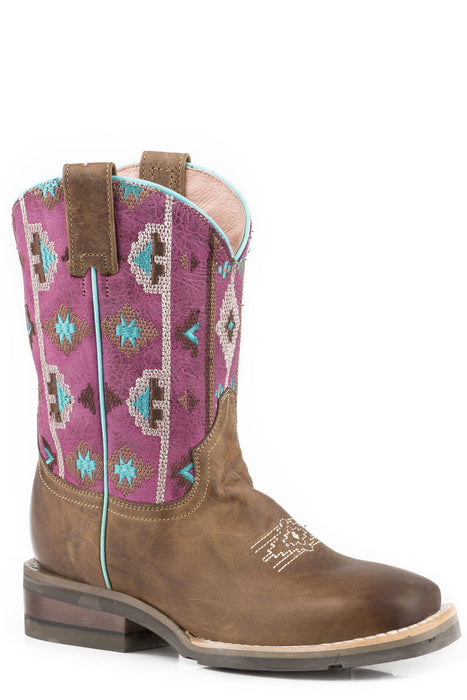 Roper Kids Girls Tan/Pink Leather Arizona Aztec Cowboy Boots