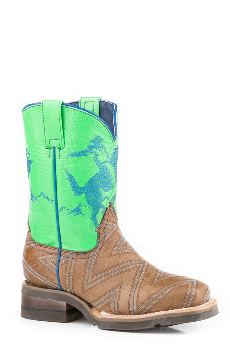 Roper Kids Boys Green/Tan Leather Arlo Jr 8In Cowboy Boots