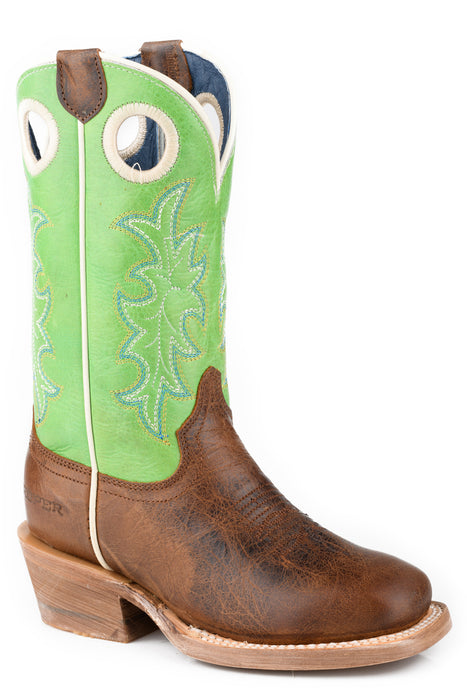 Roper Kids Boys Ride Em Cowboy Tan/Green Leather Cowboy Boots