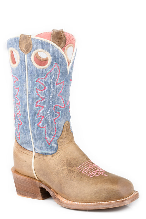 Roper Kids Girls Ride Em Cowgirl Brown/Denim Leather Cowboy Boots