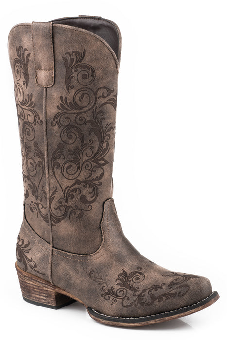 Roper Womens Brown Faux Leather Tall Stuff Laser Cowboy Boots