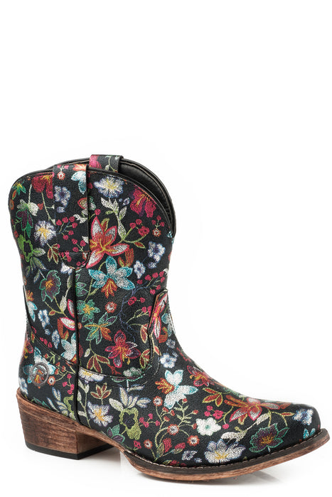 Roper Floral Womens Black Faux Leather Ingrid Cowboy Boots