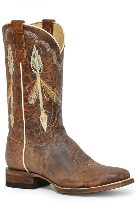 Roper Womens Waxy Brown Leather Arrow Feather Cowboy Boots