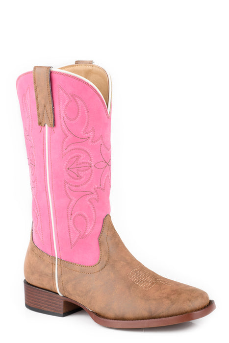 Roper Youth Girls Ainsley Tan/Pink Faux Leather Cowboy Boots