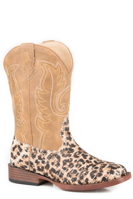 Roper Youth Girls Tan Faux Leather Glitter Leopard Cowboy Boots