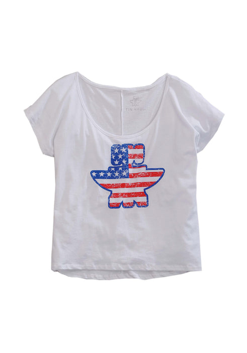 Tin Haul Anvil Womens White Cotton Blend American Flag S/S T-Shirt