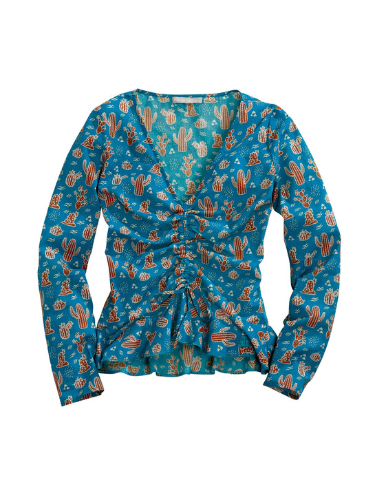 Tin Haul Womens Blue 100% Cotton Cacti Print L/S Blouse