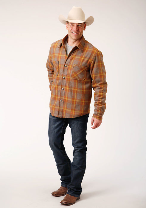 Tin Haul Mens Orange/Brown Wool Blend Sherpa Plaid Jacket