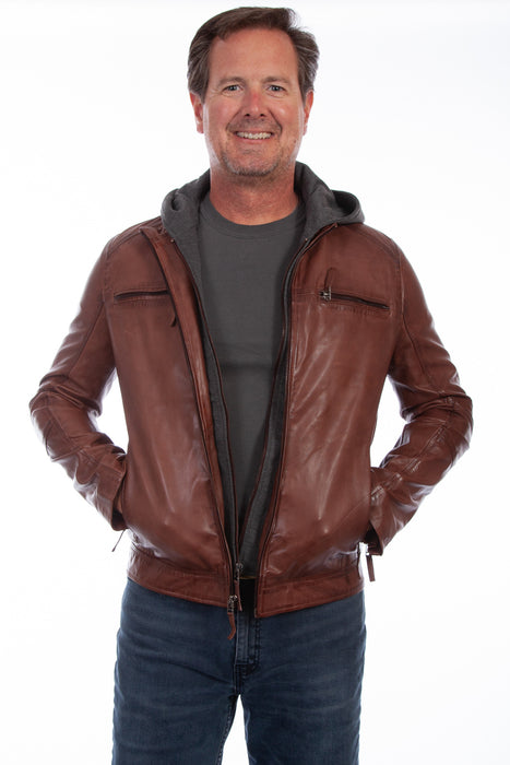 Scully Mens Cognac Lamb Leather Hooded Jacket