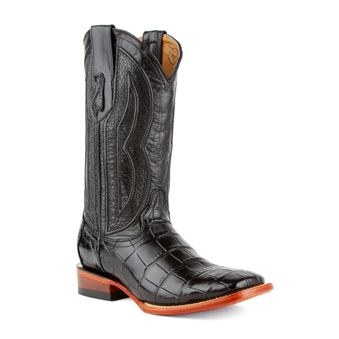 Ferrini Mens Black Leather Alligator Belly S-Toe Stallion Cowboy Boots