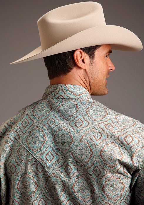 Stetson Mens Aqua Paisley Green 100% Cotton L/S Shirt