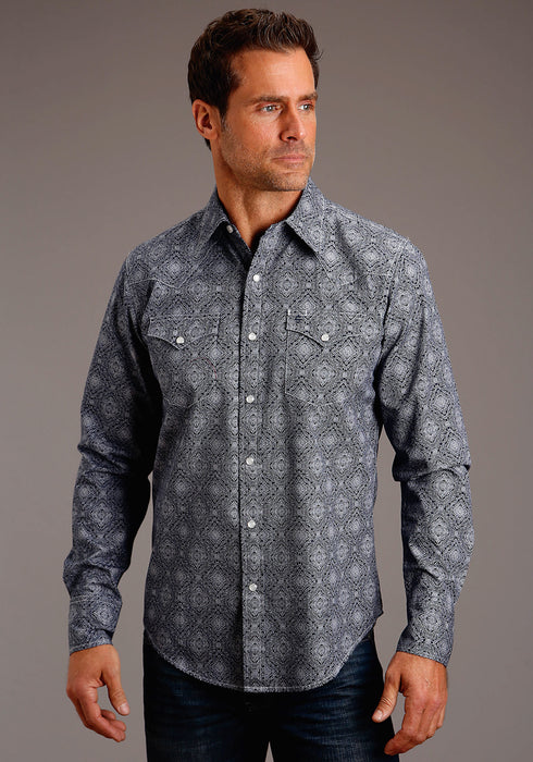 Stetson Mens Blue 100% Cotton Classic Medallion L/S 2 Pocket Shirt