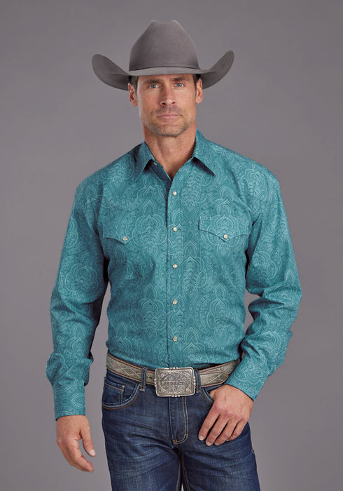 Stetson Mens Aquamarine Paisley Blue 100% Cotton L/S Shirt