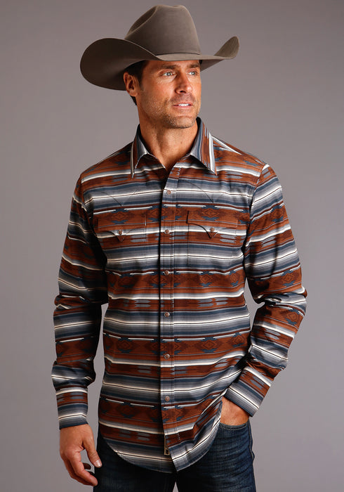 Stetson Mens Grey 100% Cotton Serape Aztec L/S 2 Pkt Shirt