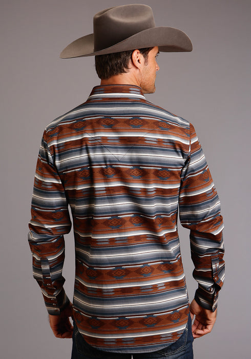 Stetson Mens Grey 100% Cotton Serape Aztec L/S 2 Pkt Shirt