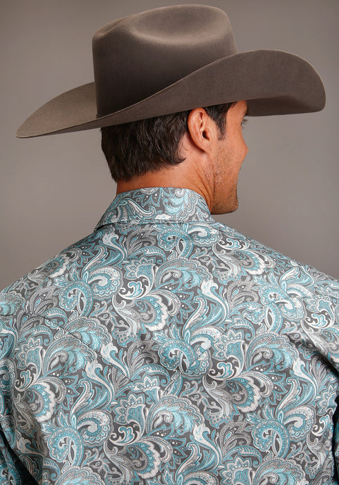 Stetson Mens Silver Sage Paisley Blue 100% Cotton L/S Shirt