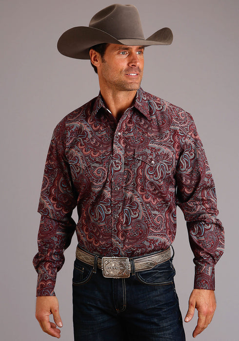 Stetson Mens Wine 100% Cotton Sandstone Paisley L/S 2 Pkt Shirt