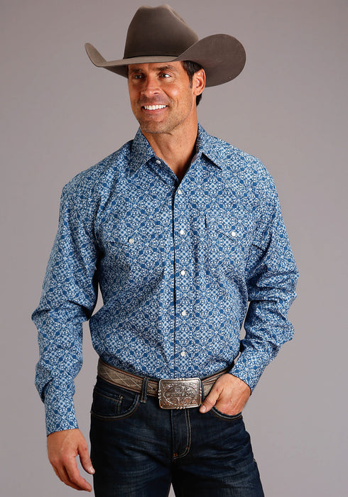 Stetson Mens Blue 100% Cotton Baroque L/S 2 Pkt Shirt