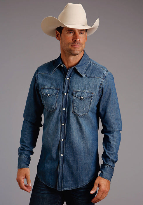 Stetson Mens Denim 100% Cotton Elbow Patch L/S Shirt