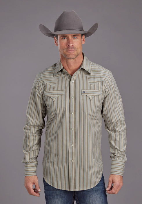 Stetson Mens Ticking Dobby Stripe Brown 100% Cotton L/S Shirt