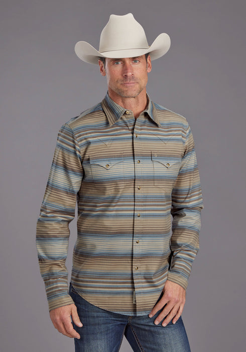 Stetson Mens Serape Stripe Sand/Indigo 100% Cotton L/S Shirt