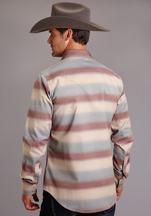 Stetson Mens Wine 100% Cotton Ombre Stripe L/S 2 Pkt Shirt