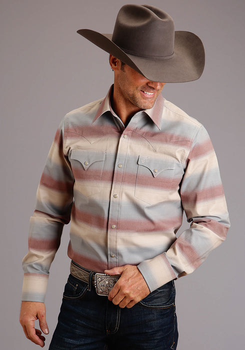 Stetson Mens Wine 100% Cotton Ombre Stripe L/S 2 Pkt Shirt