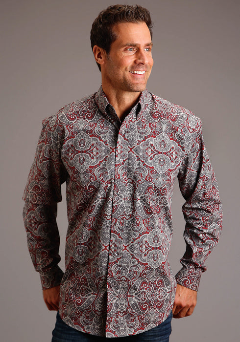 Stetson Mens Wine 100% Cotton Medallion Paisley BD L/S 1 Pocket Shirt