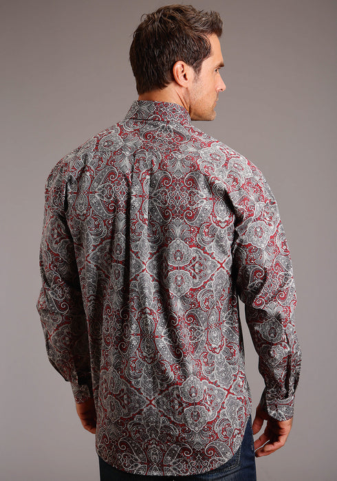 Stetson Mens Wine 100% Cotton Medallion Paisley BD L/S 1 Pocket Shirt