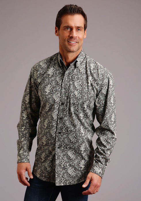 Stetson Mens Grey 100% Cotton Vintage Print BD L/S 1 Pkt Shirt