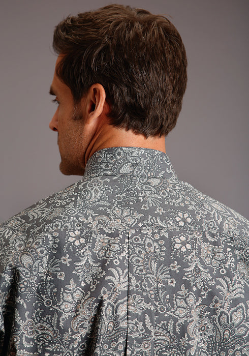 Stetson Mens Grey 100% Cotton Silver Paisley BD L/S 1 Pocket Shirt