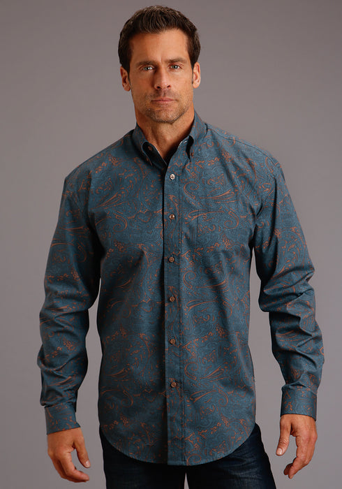 Stetson Mens Blue 100% Cotton Steel Paisley BD L/S 1 Pocket Shirt