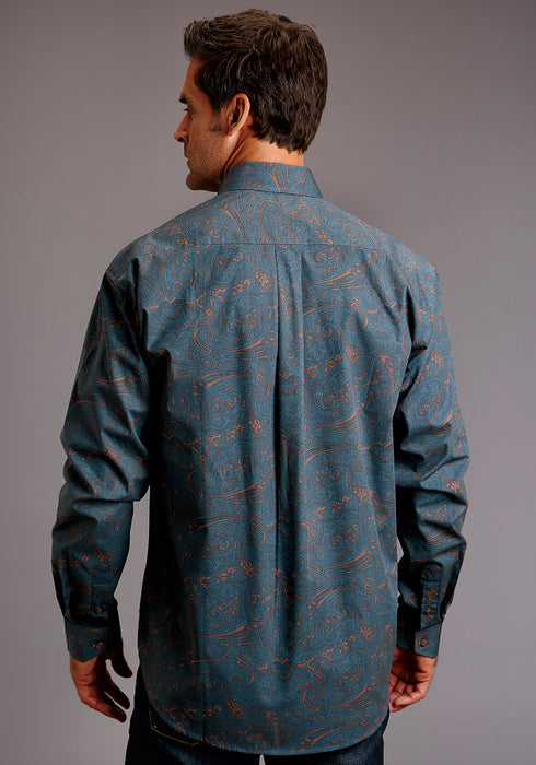 Stetson Mens Blue 100% Cotton Steel Paisley BD L/S 1 Pocket Shirt