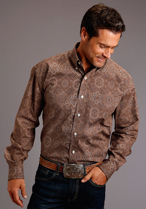 Stetson Mens Brown 100% Cotton Medallion Paisley BD L/S 1 Pocket Shirt