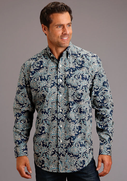 Stetson Mens Blue 100% Cotton Deep Marine Paisley BD L/S 1 Pocket Shirt