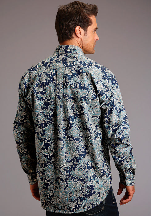 Stetson Mens Blue 100% Cotton Deep Marine Paisley BD L/S 1 Pocket Shirt