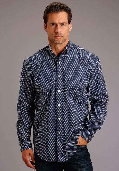 Stetson Mens Blue 100% Cotton Polaris Geo BD L/S 1 Pocket Shirt