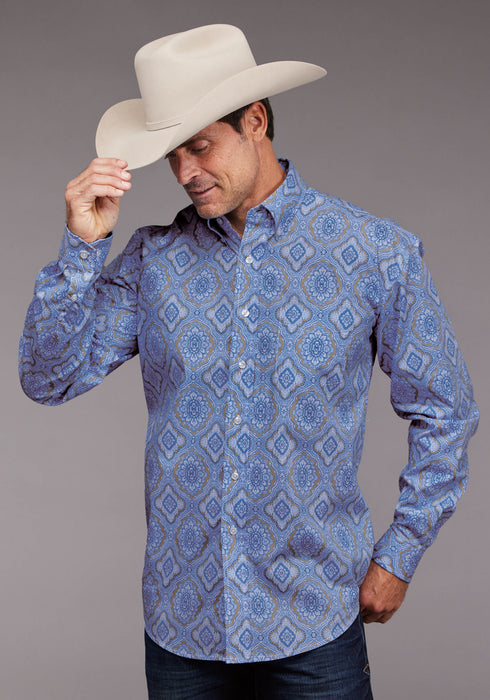 Stetson Mens Chambray Medallion Paisley Blue 100% Cotton 1 Pkt L/S Shirt