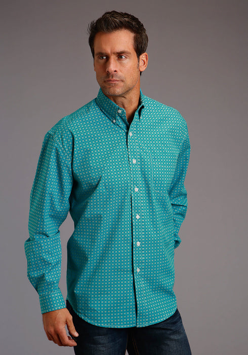 Stetson Mens Blue 100% Cotton Ringer Geo BD L/S 1 Pkt Shirt