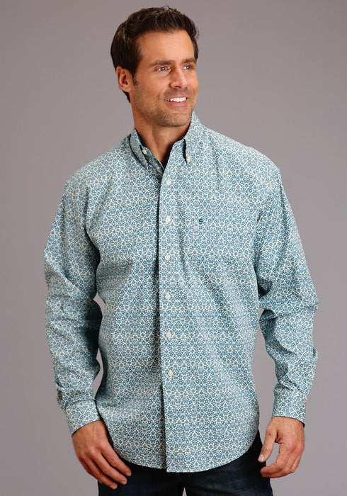 Stetson Mens Blue 100% Cotton Vintage Pattern BD L/S 1 Pkt Shirt