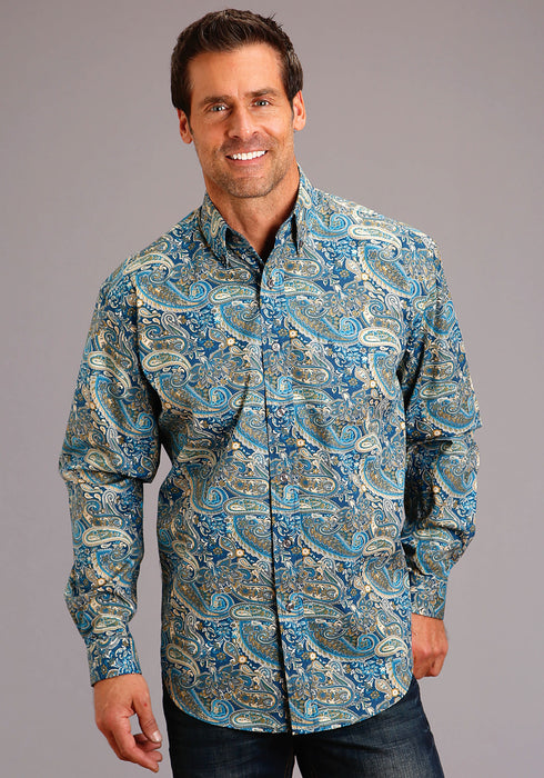 Stetson Mens Blue 100% Cotton Fall Paisley BD L/S 1 Pkt Shirt