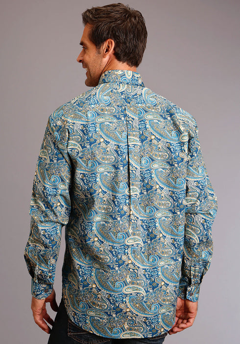 Stetson Mens Blue 100% Cotton Fall Paisley BD L/S 1 Pkt Shirt