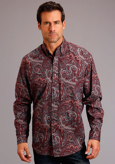 Stetson Mens Wine 100% Cotton Sandstone Paisley BD L/S 1 Pocket Shirt