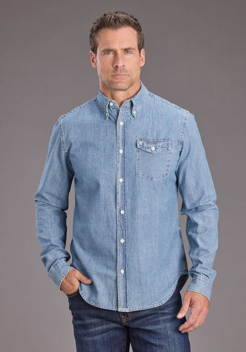 Stetson Mens Chambray 1 Pocket Blue 100% Cotton 1 Pkt L/S Shirt