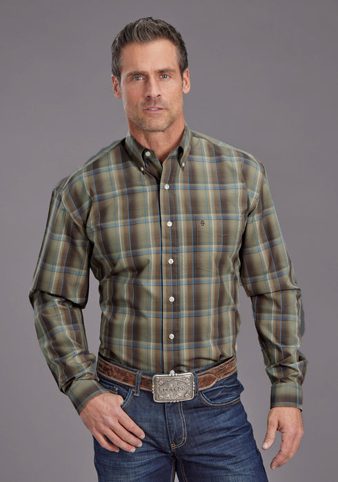 Stetson Mens Diamond Back Plaid Brown 100% Cotton 1 Pkt L/S Shirt