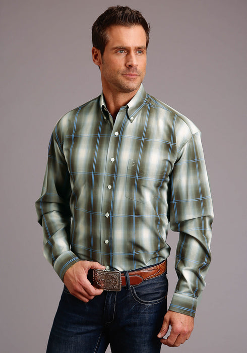 Stetson Mens Green 100% Cotton Moss Ombre BD L/S 1 Pkt Shirt